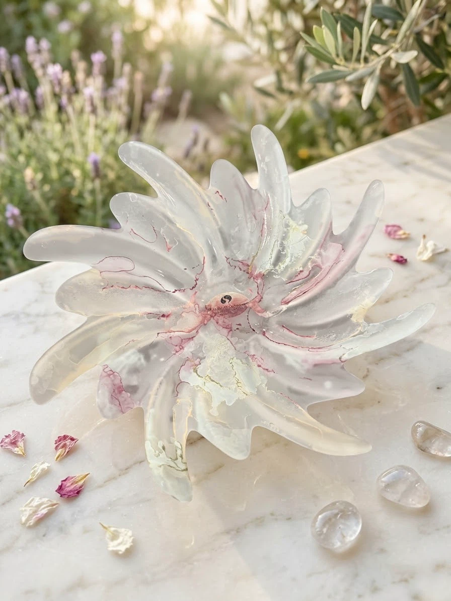 Murano Crystal Starburst Bowl – Pink & Gold Art Glass - 8 inch
