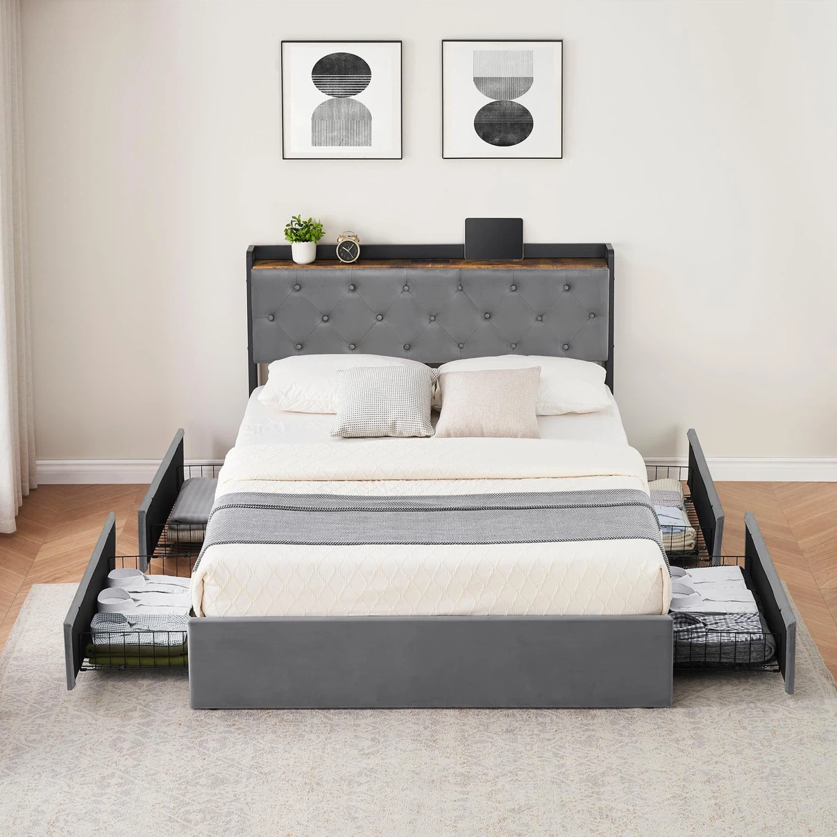 Queen Size Bed Frame with 4 Storage Drawers and Charging Station