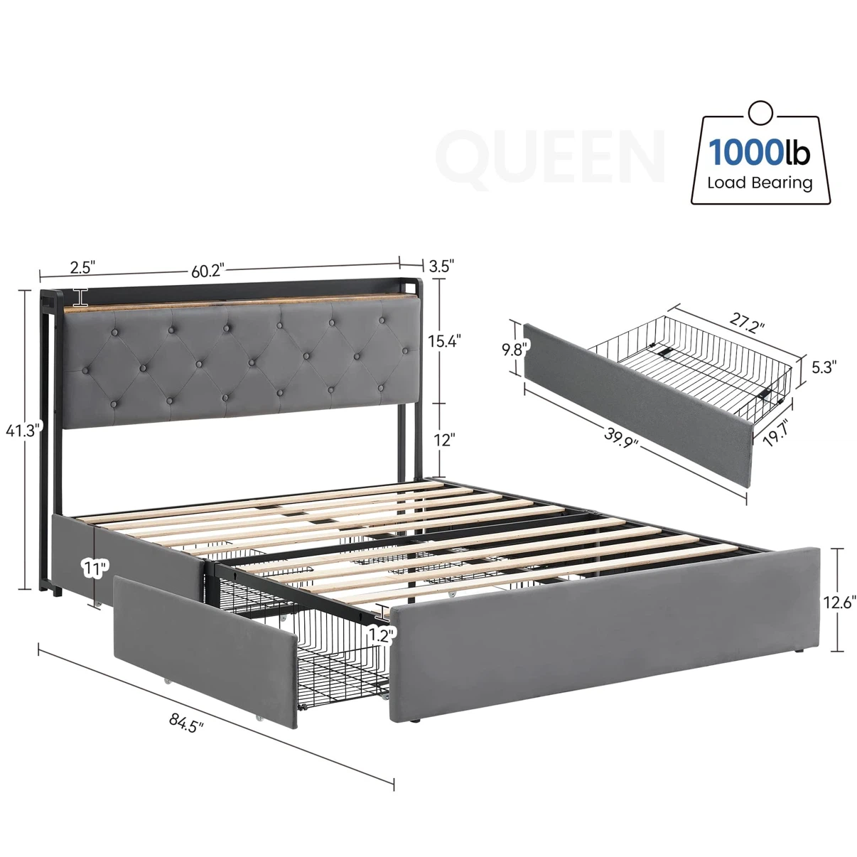 Queen Size Bed Frame with 4 Storage Drawers and Charging Station - photo 2