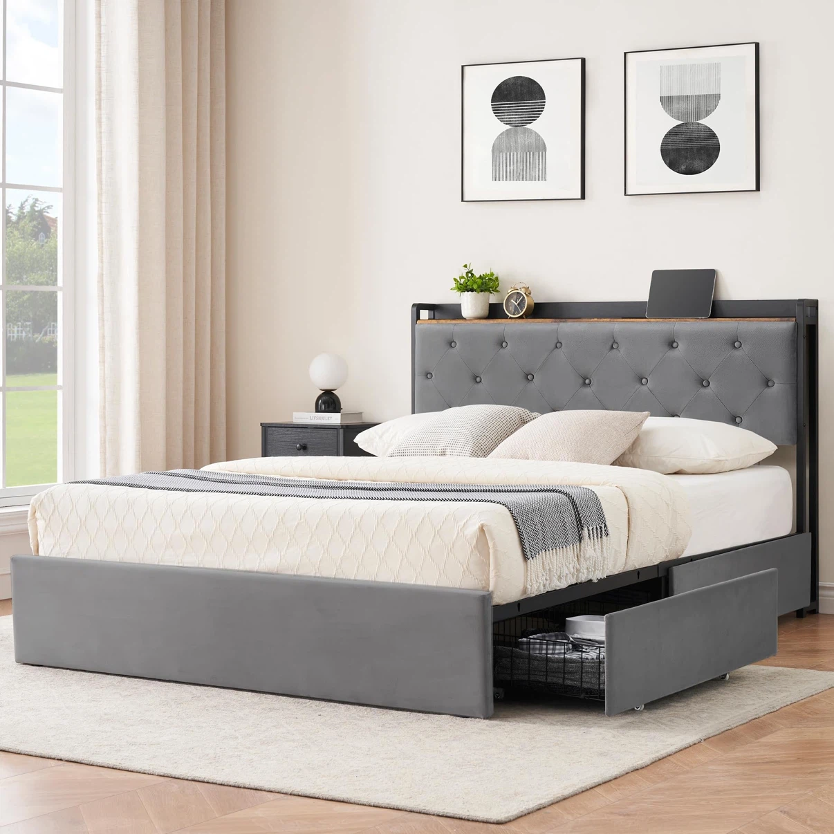 Queen Size Bed Frame with 4 Storage Drawers and Charging Station - photo 3