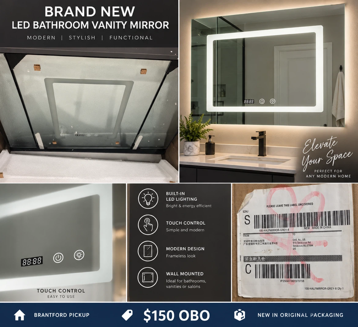 Large LED Bathroom Vanity Mirror – Modern Touch Control