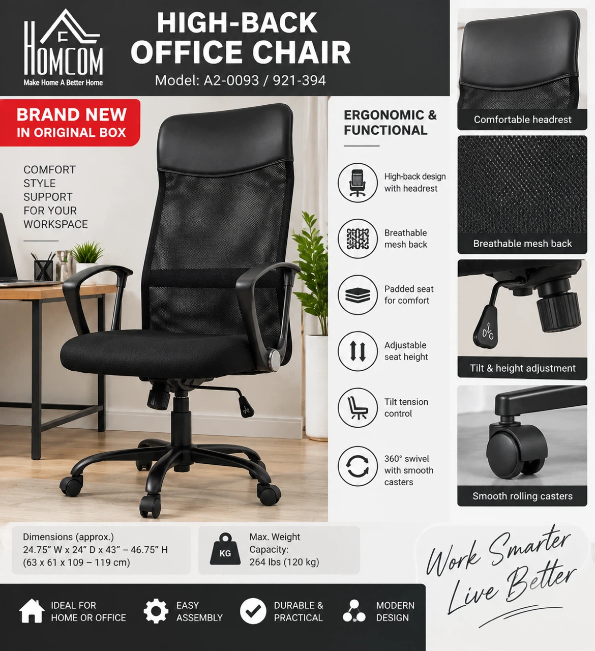 Brand New HOMCOM High-Back Office Chair – Black – In Box