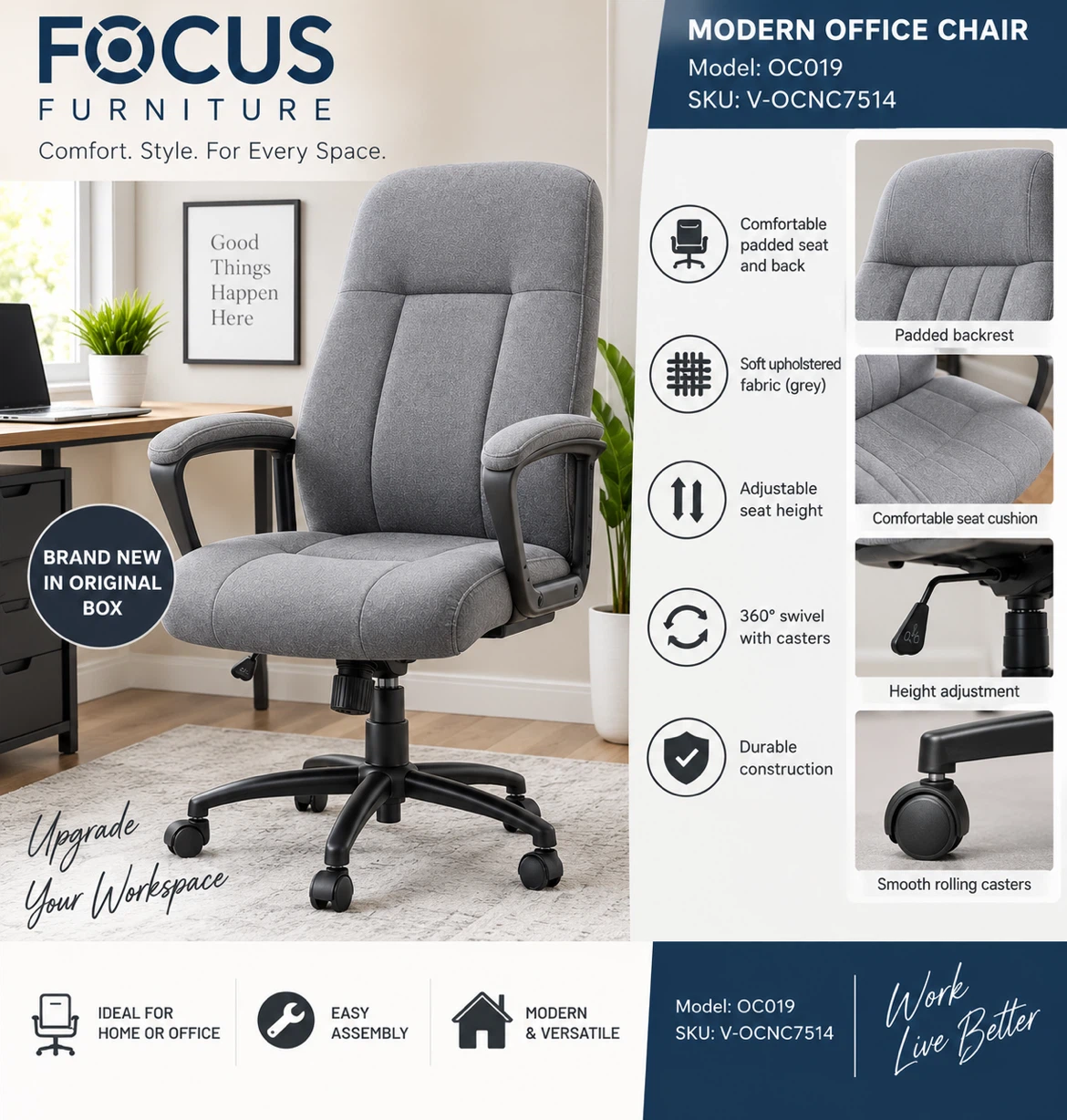 Brand New Grey Upholstered Office Chair – Never Used