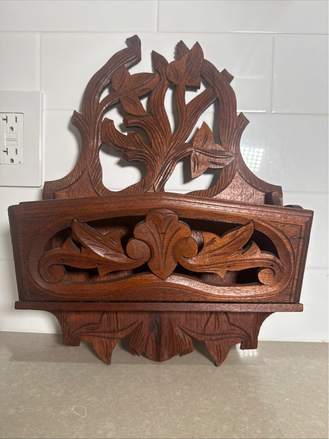 Vintage Hand Carved Wood Wall Pocket Organizer