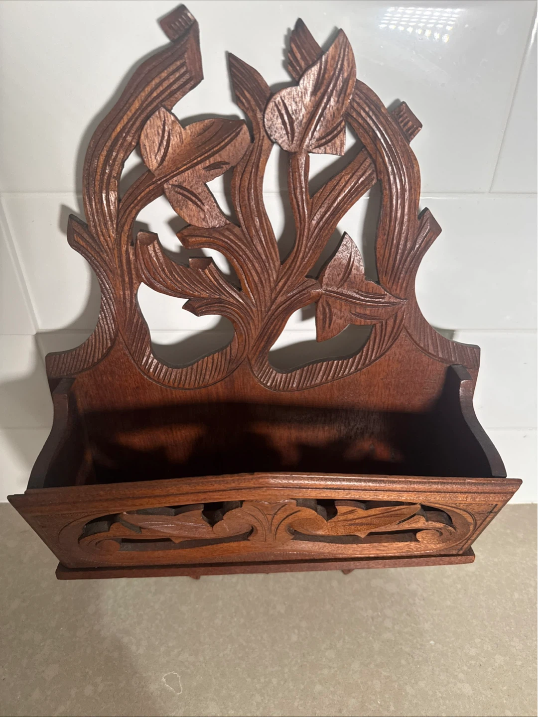 Vintage Hand Carved Wood Wall Pocket Organizer - photo 2
