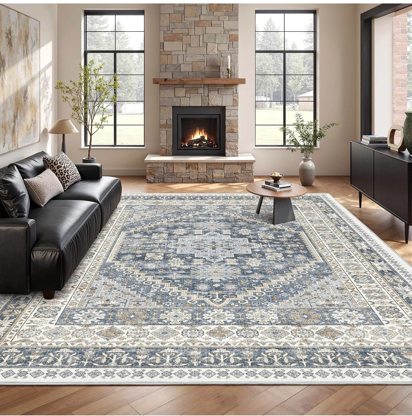 Low Pile Area Rug Blue and Beige