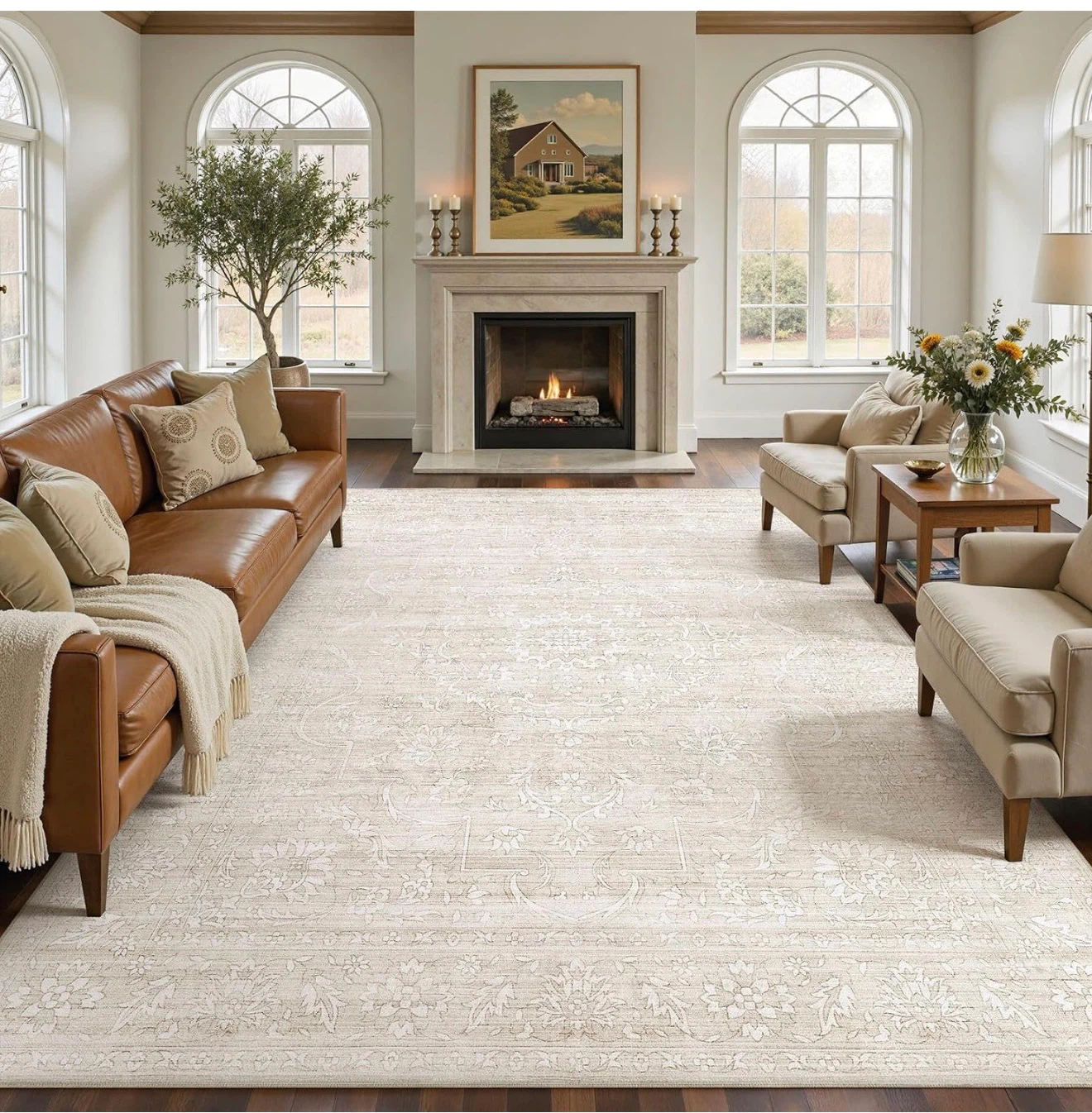 Machine Washable Cream Floral Area Rug