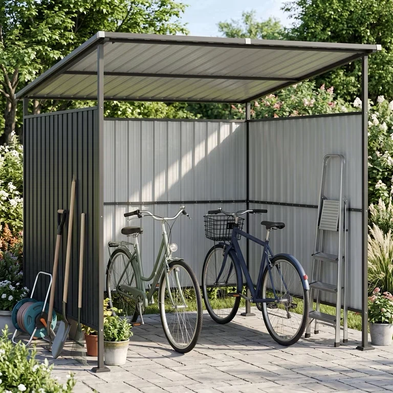 Outdoor Bike Shed, Hardtop Grill Gazebo with Shed-Style Storage