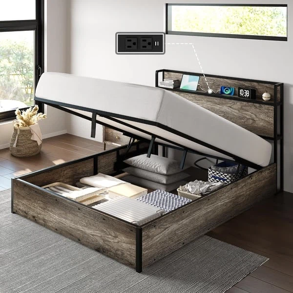 Queen Size Lift Up Storage Bed Frame, Wooden Platform
