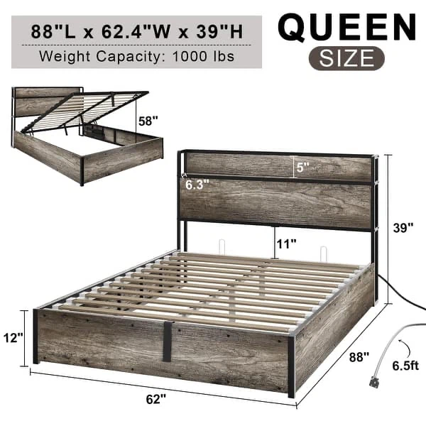Queen Size Lift Up Storage Bed Frame, Wooden Platform - photo 2