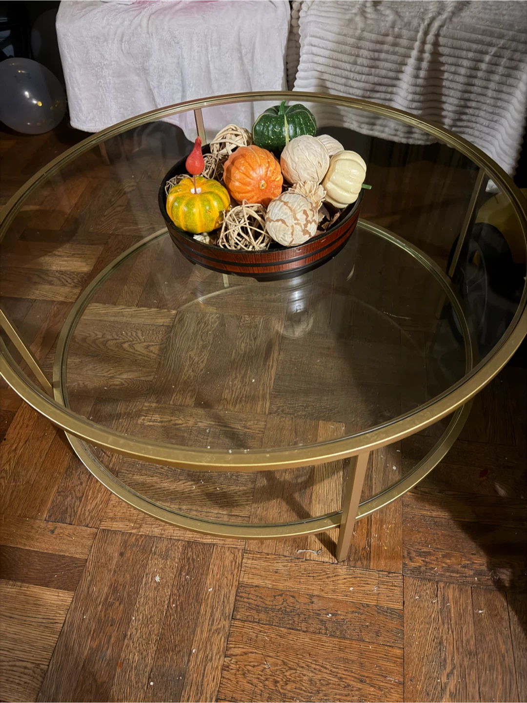 Round Glass Coffee Table with Gold Metal Frame