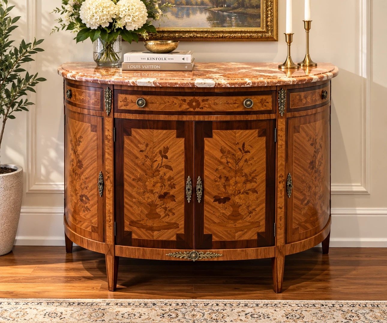 Vintage Inlaid Wood Half-Moon Sideboard Cabinet
