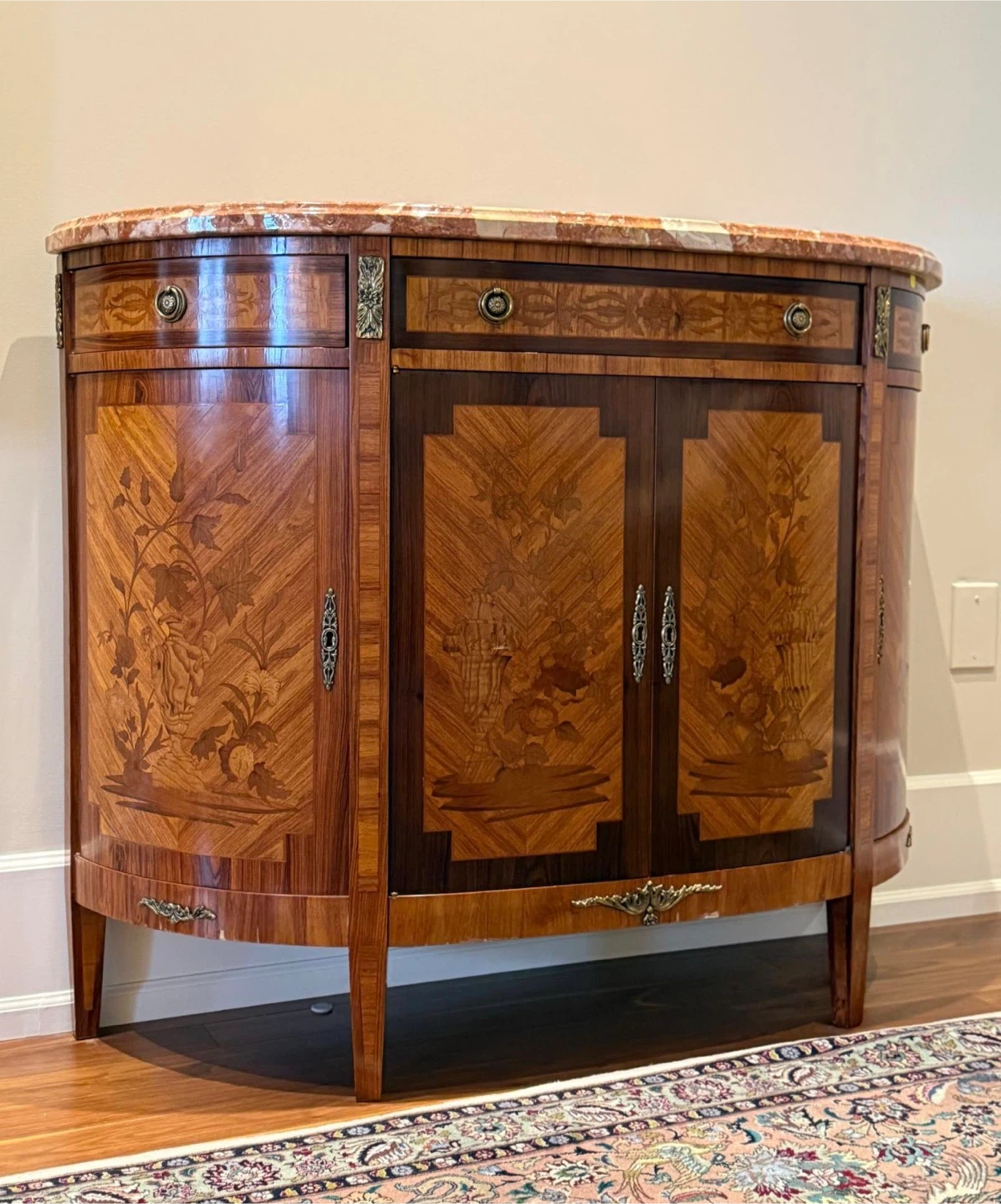 Vintage Inlaid Wood Half-Moon Sideboard Cabinet - photo 2
