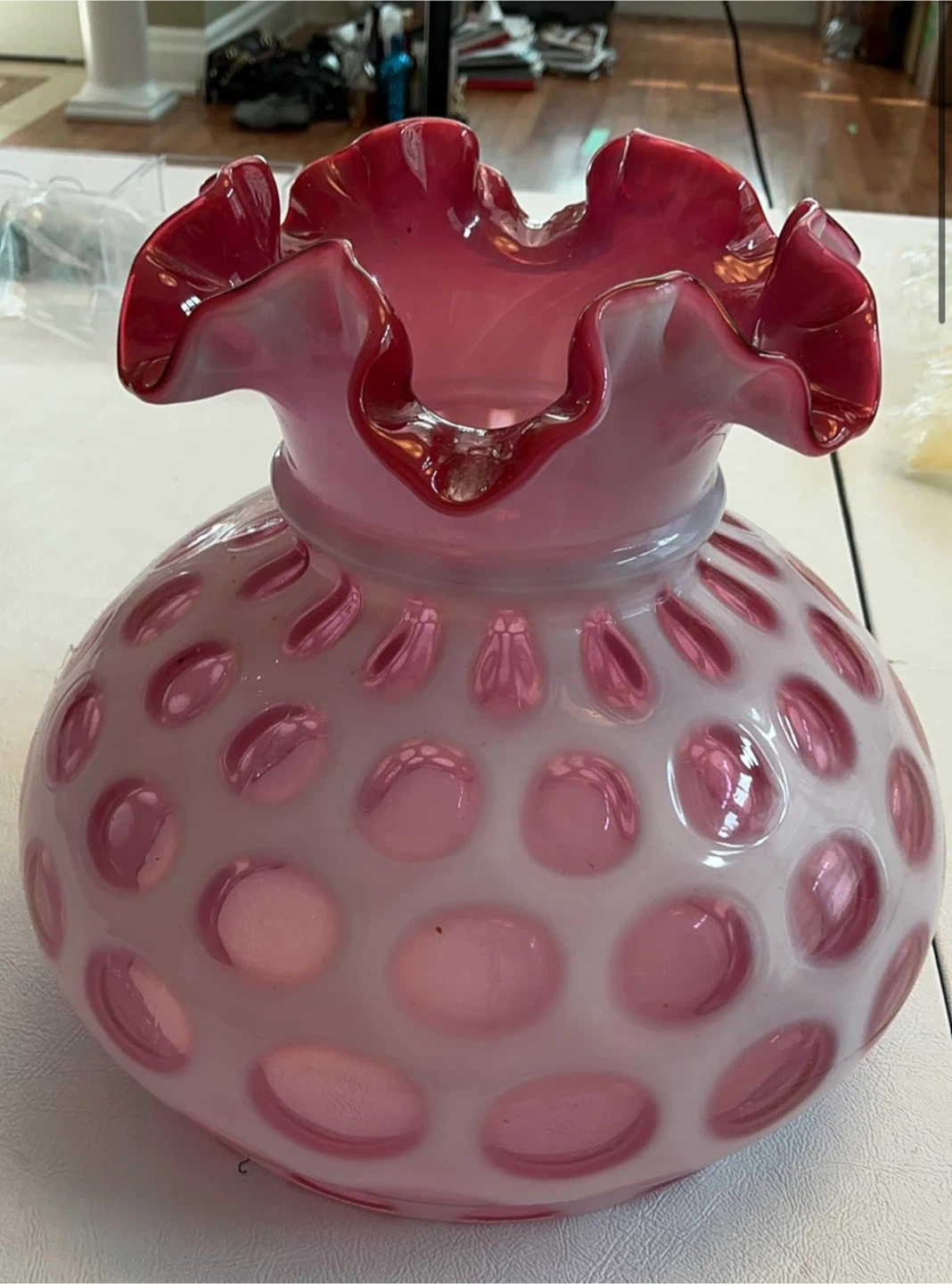 Pink Hobnail Cased Glass Ruffled Vase