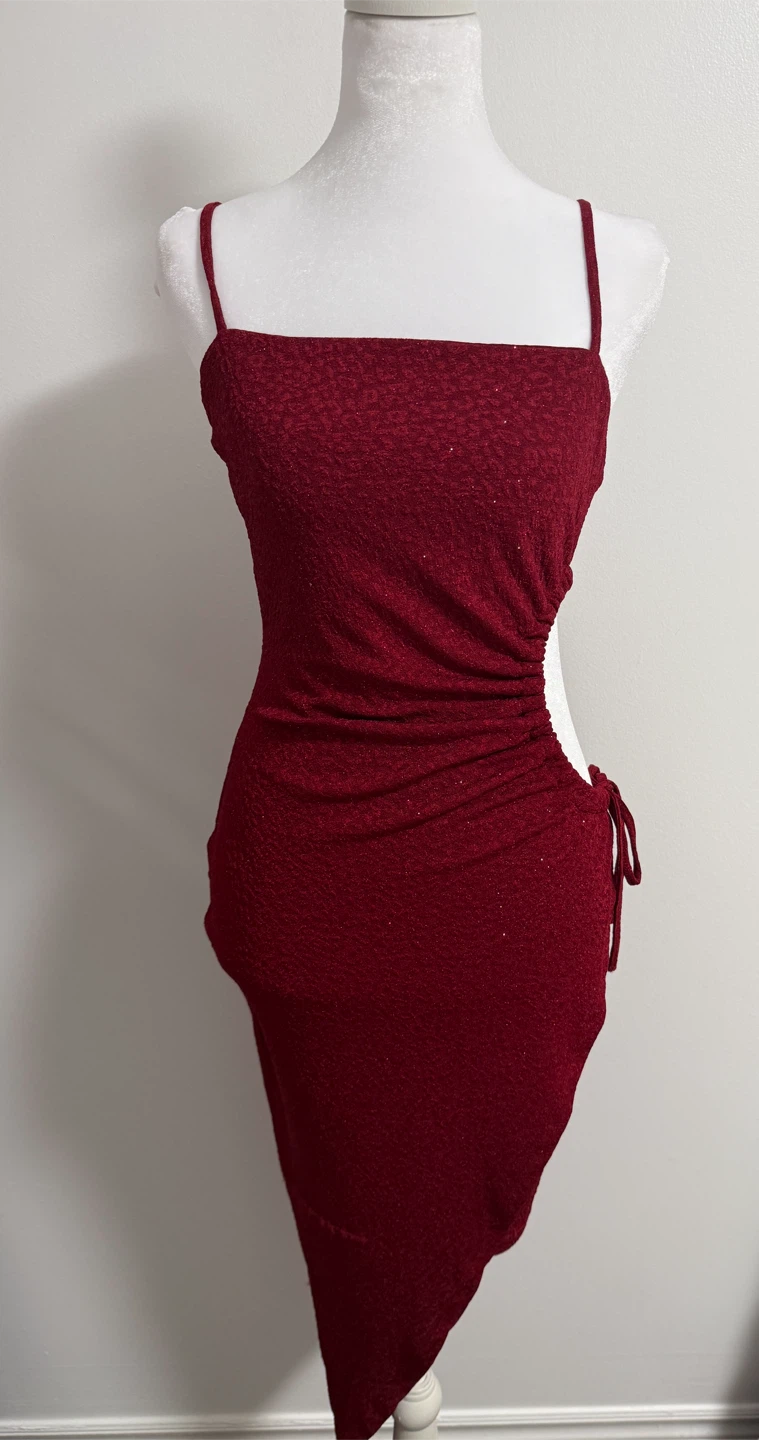 Midi Dress-Red Glitter Cut-Out