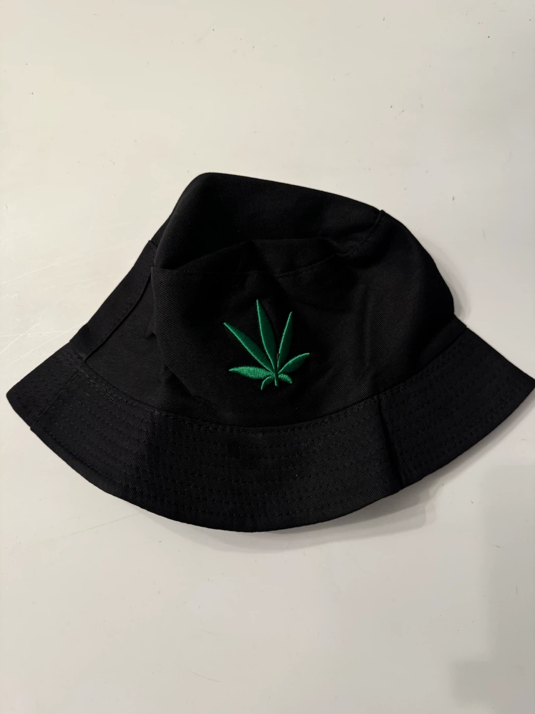 Black Bucket Hat with Embroidered Leaf