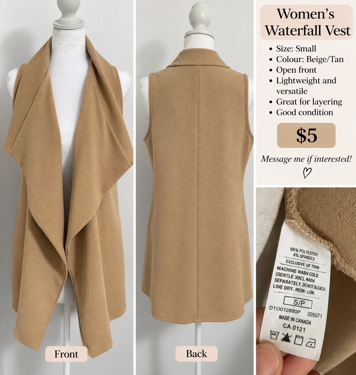Women's Beige Waterfall Vest, Small