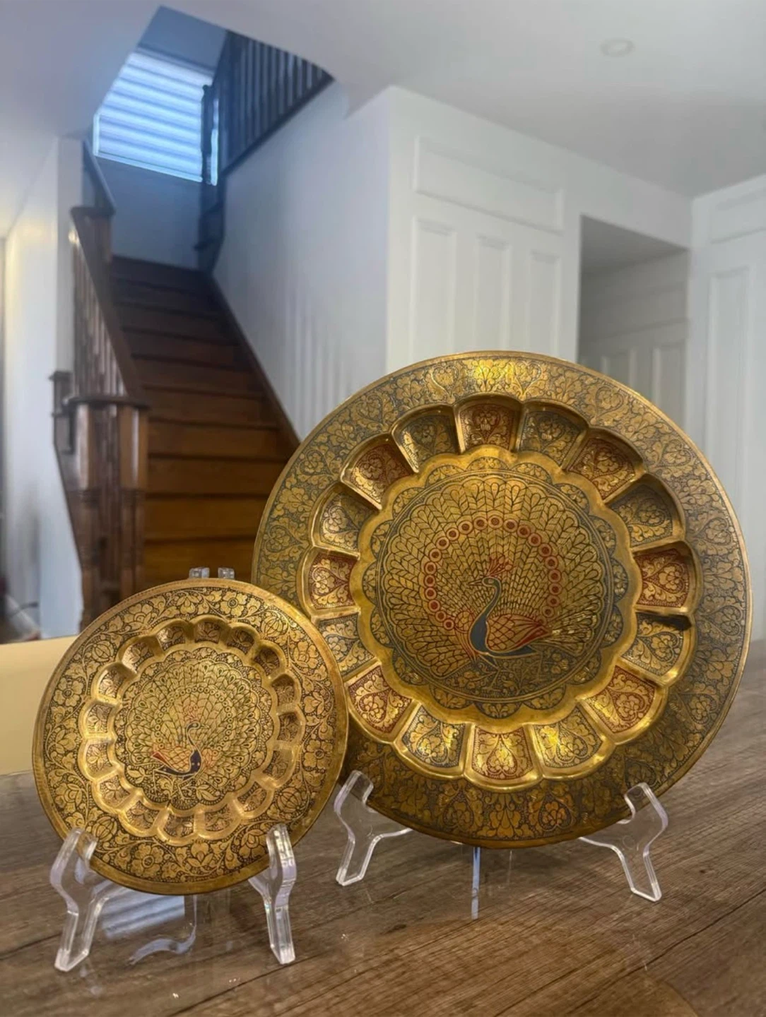 Vintage Brass Peacock Plates – 11” & 6” Matching Han