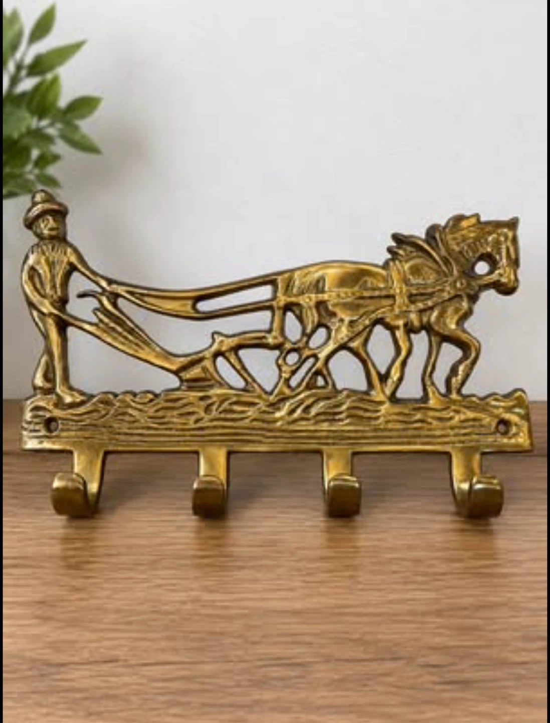 Vintage Brass Farmer & Horses Wall-Mounted Key Rack – 4 Hooks