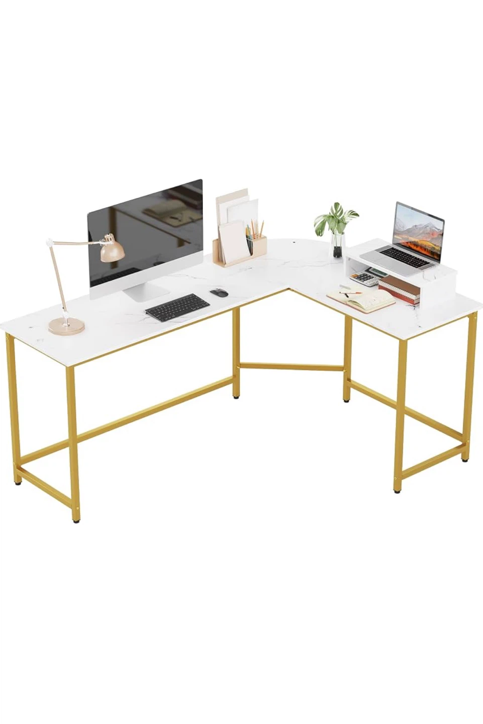 L-Shaped Corner Desk White Marble Finish
