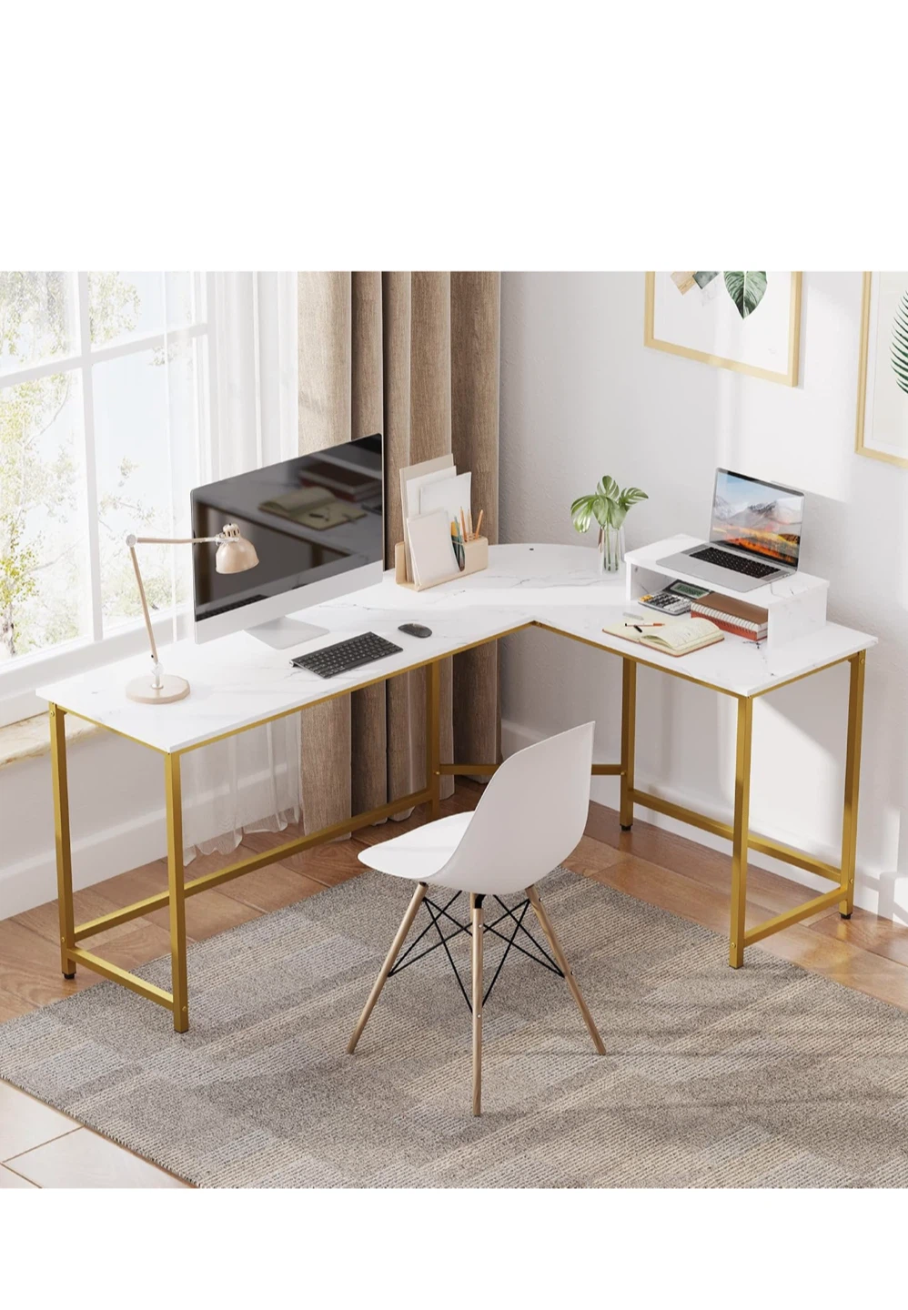 L-Shaped Corner Desk White Marble Finish - photo 2