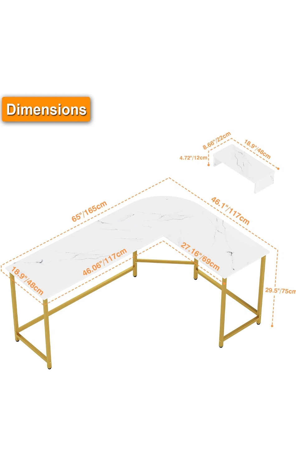 L-Shaped Corner Desk White Marble Finish - photo 3