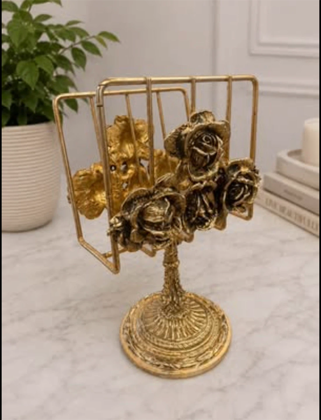 Vintage Gold-Tone Floral Magazine Rack / Stand – Ornate Decor