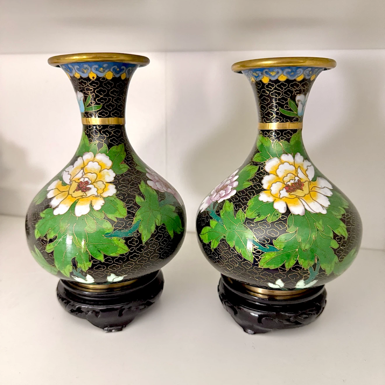 Pair medium sized black cloisonné vases