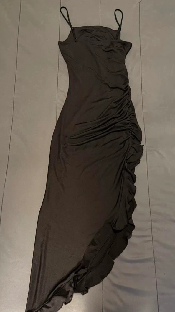 Black Ruched Ruffle Midi Dress - photo 5