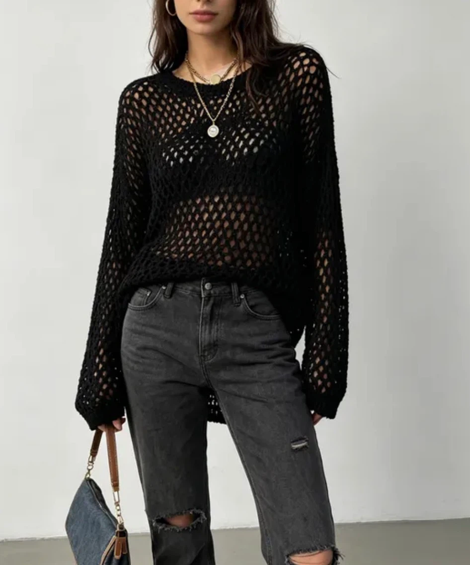 Black Loose-Knit Mesh Sweater