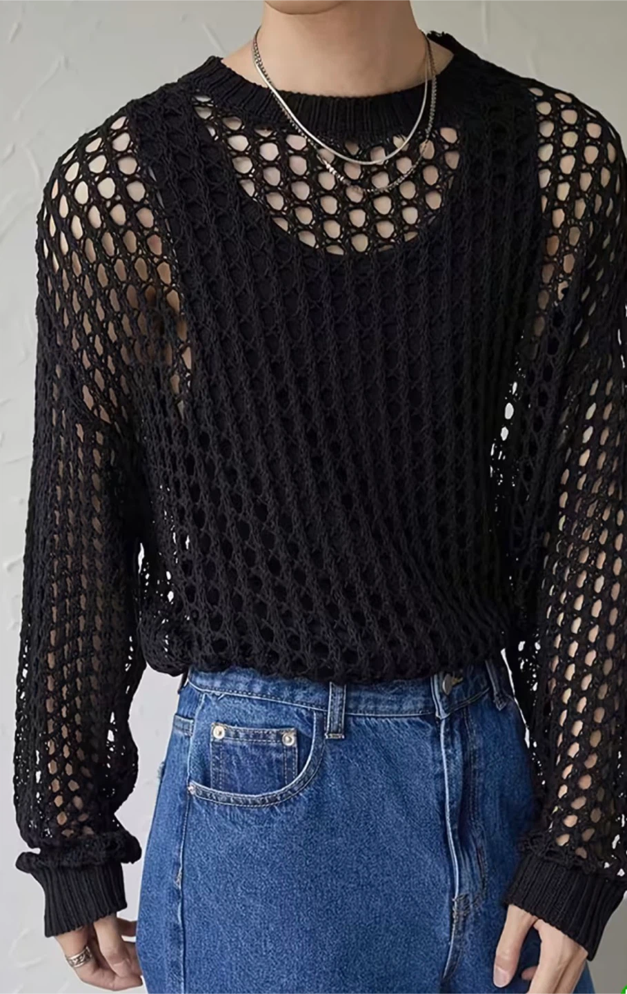 Black Loose-Knit Mesh Sweater - photo 2