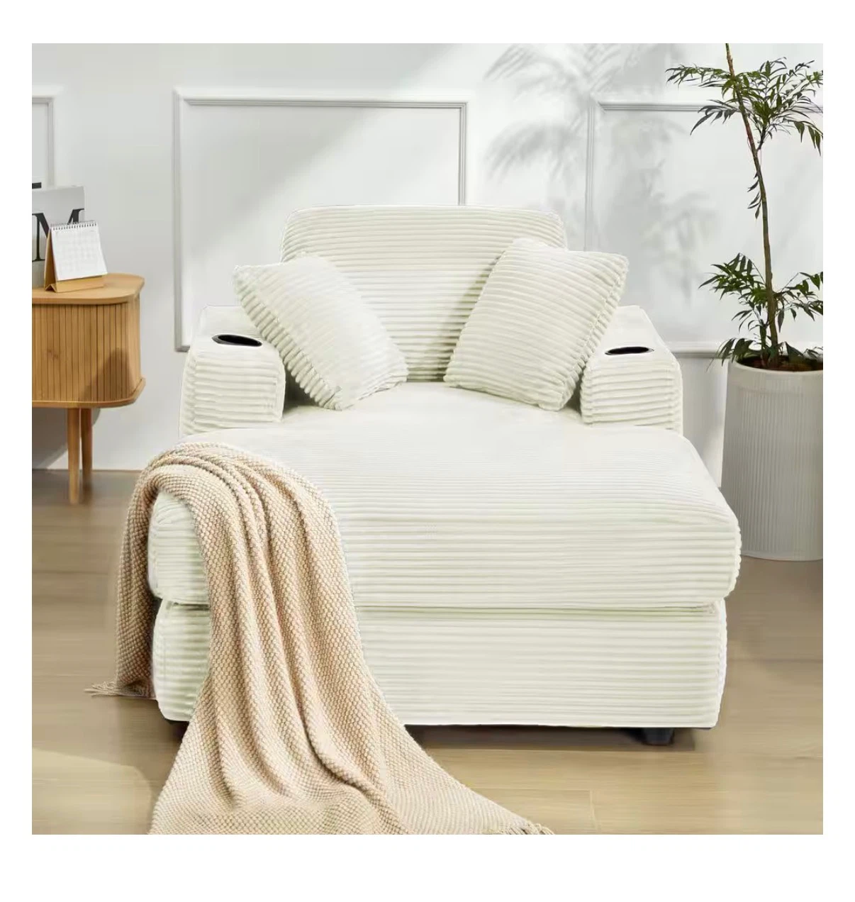 White Corduroy Chaise Lounge Chair