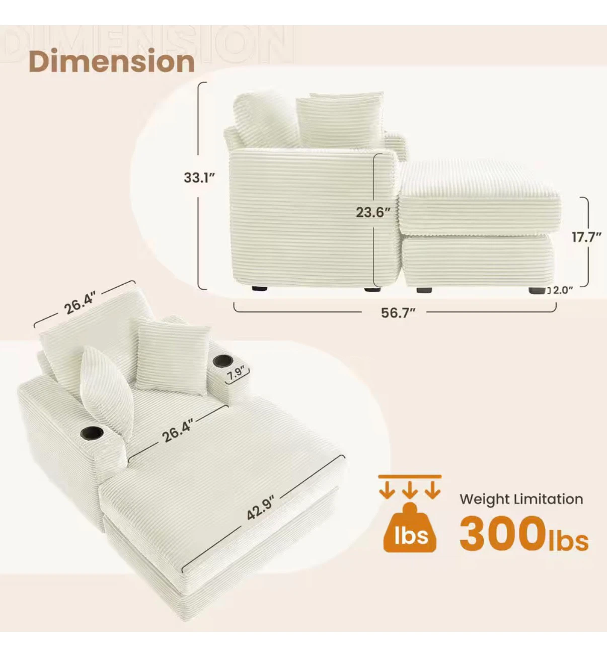 White Corduroy Chaise Lounge Chair - photo 2