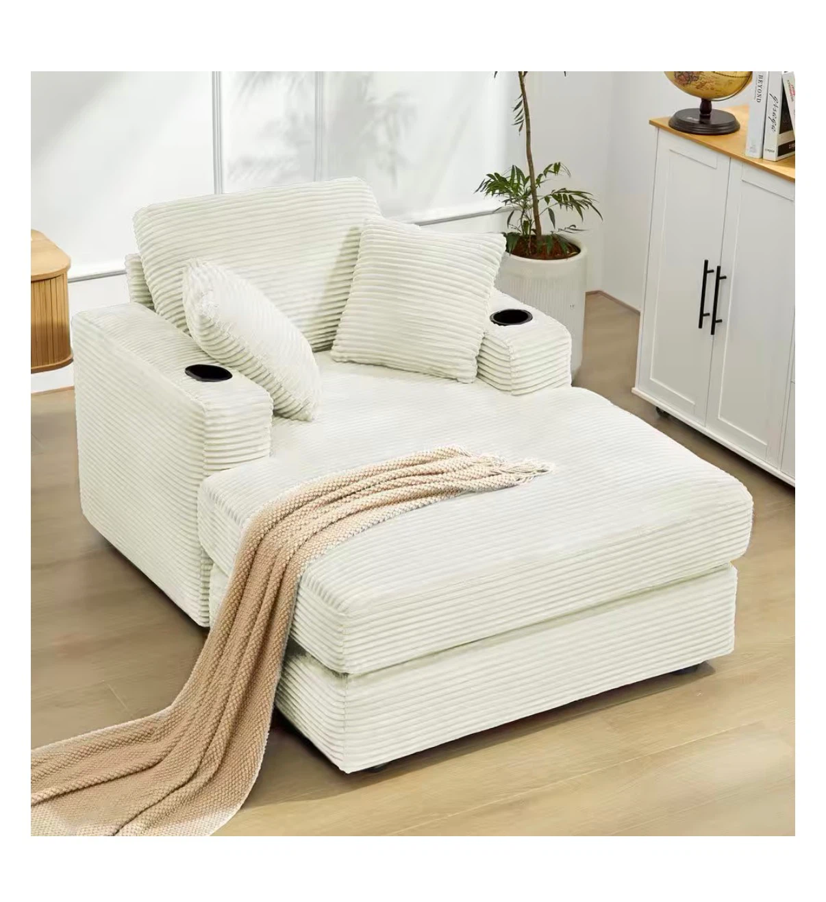 White Corduroy Chaise Lounge Chair - photo 3