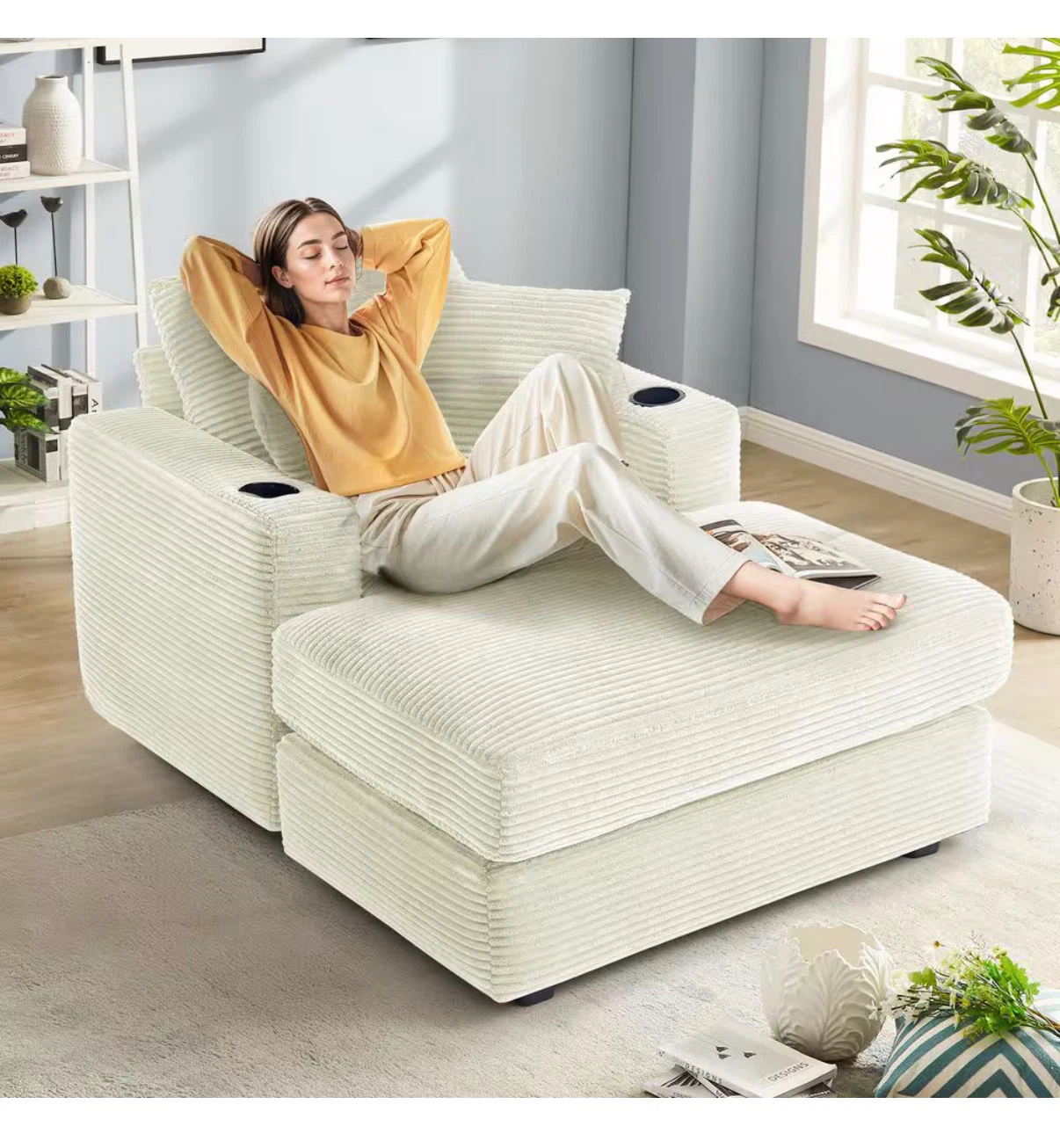 White Corduroy Chaise Lounge Chair - photo 4