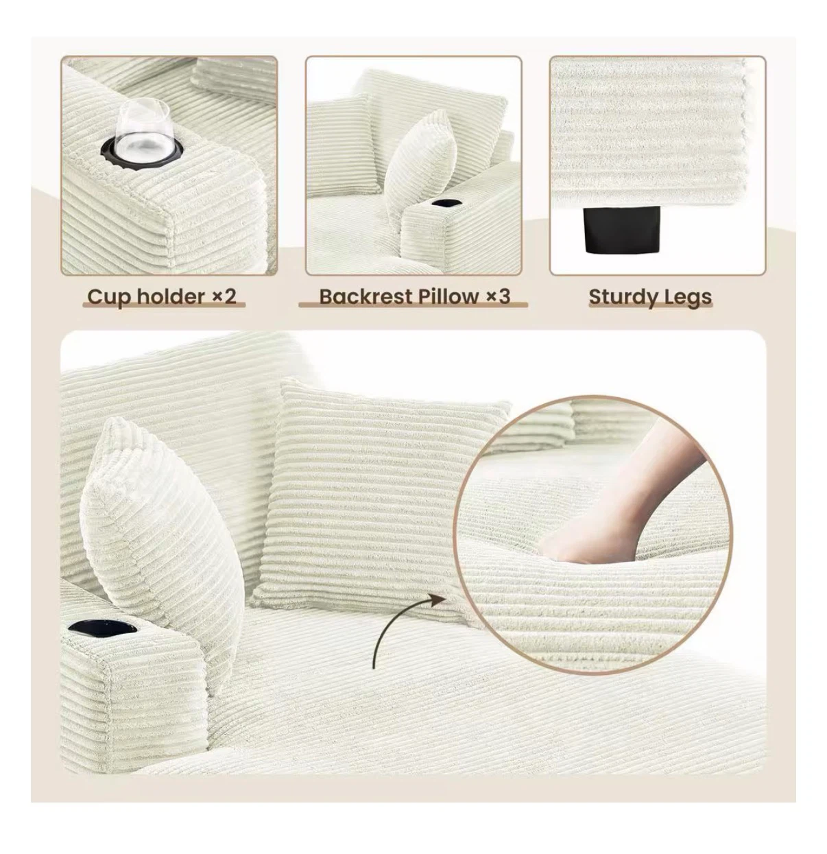 White Corduroy Chaise Lounge Chair - photo 5