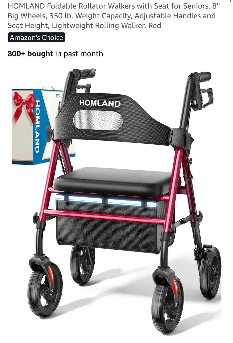 HOMLAND Foldable Red Rollator Walker with Seat HFR