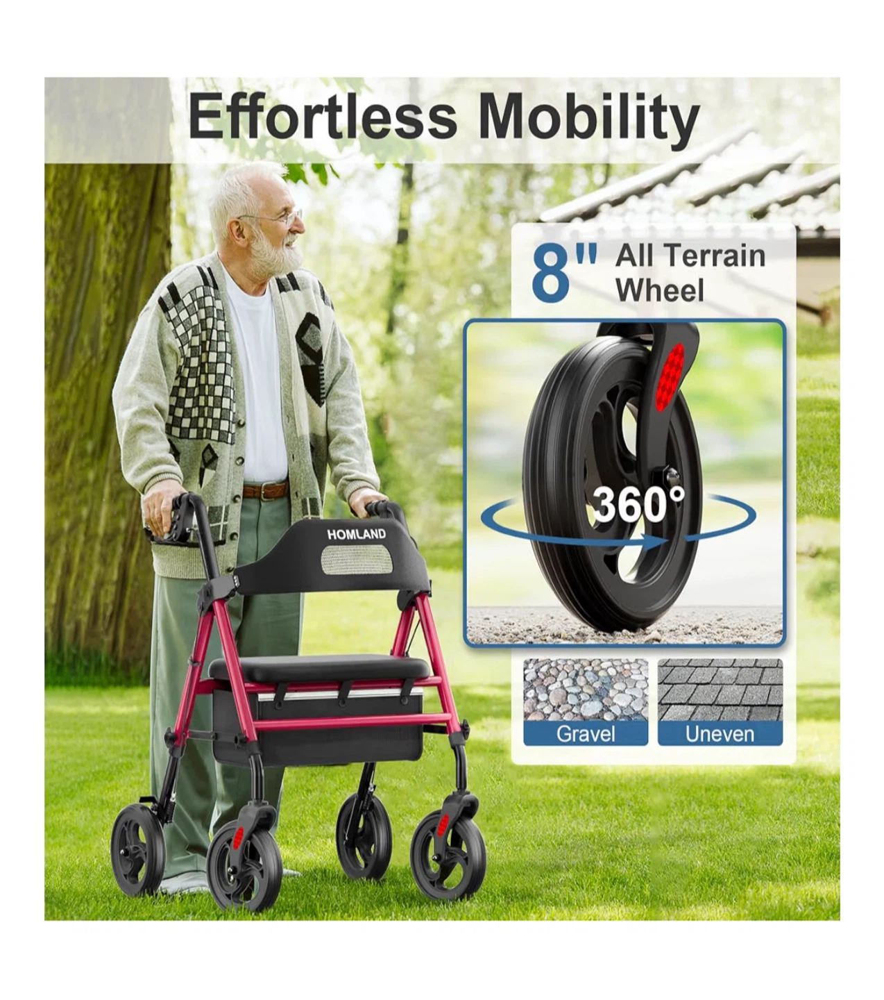 HOMLAND Foldable Red Rollator Walker with Seat HFR - photo 5
