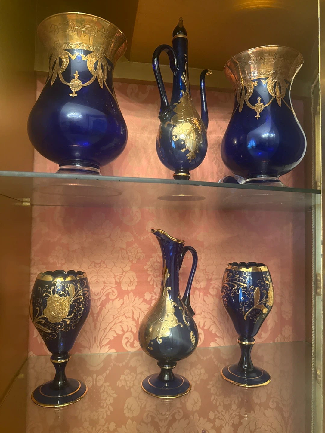 Vintage Cobalt Blue and Gold Glassware Set