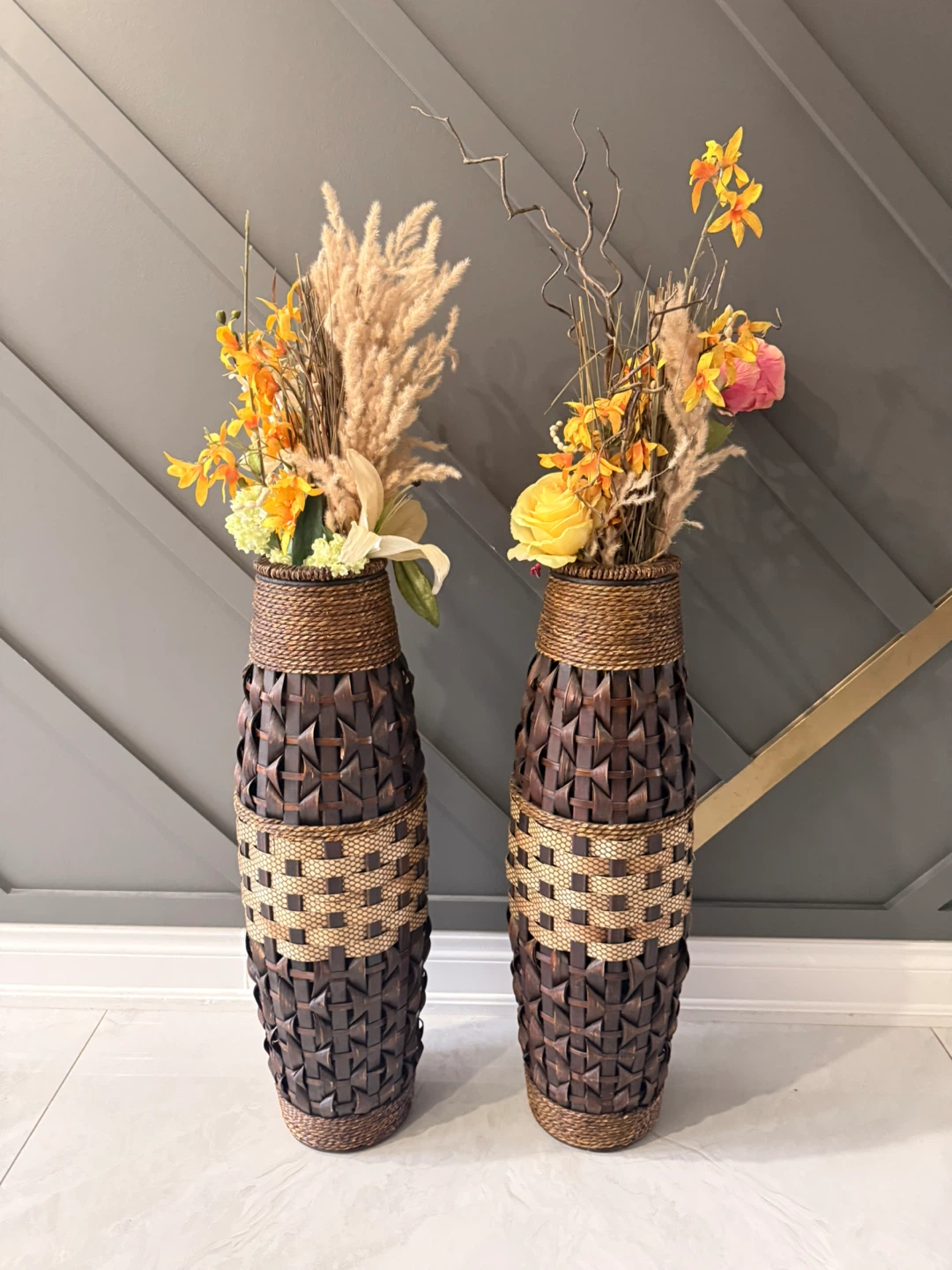 Set of Two Tall Decorative Woven Floor Vases