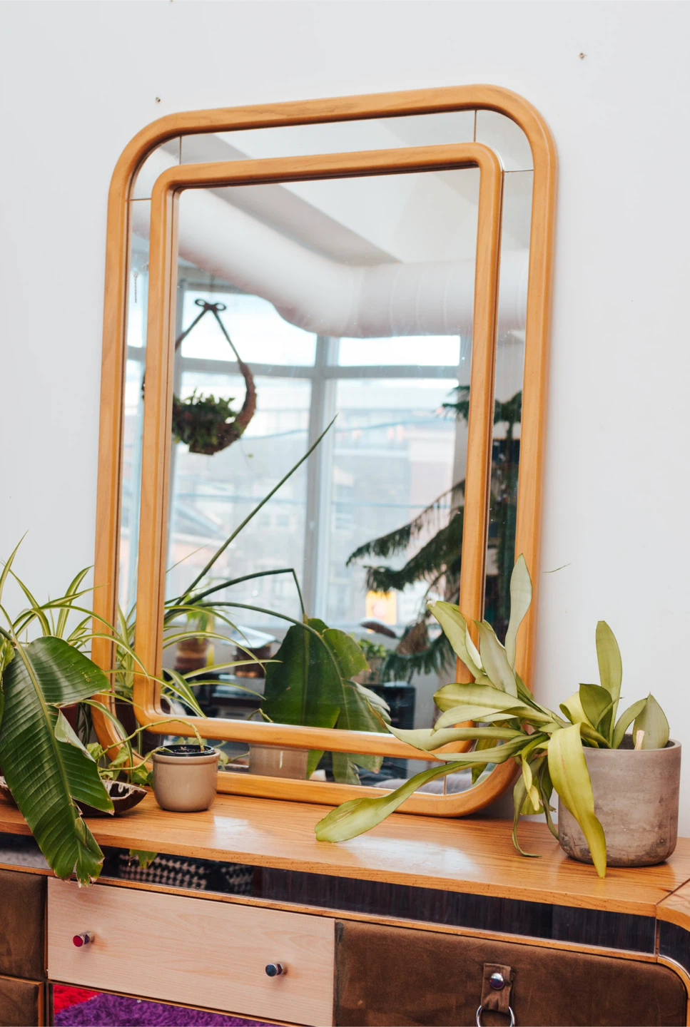 Vintage 1980s Postmodern Curved Oak Statement Mirror