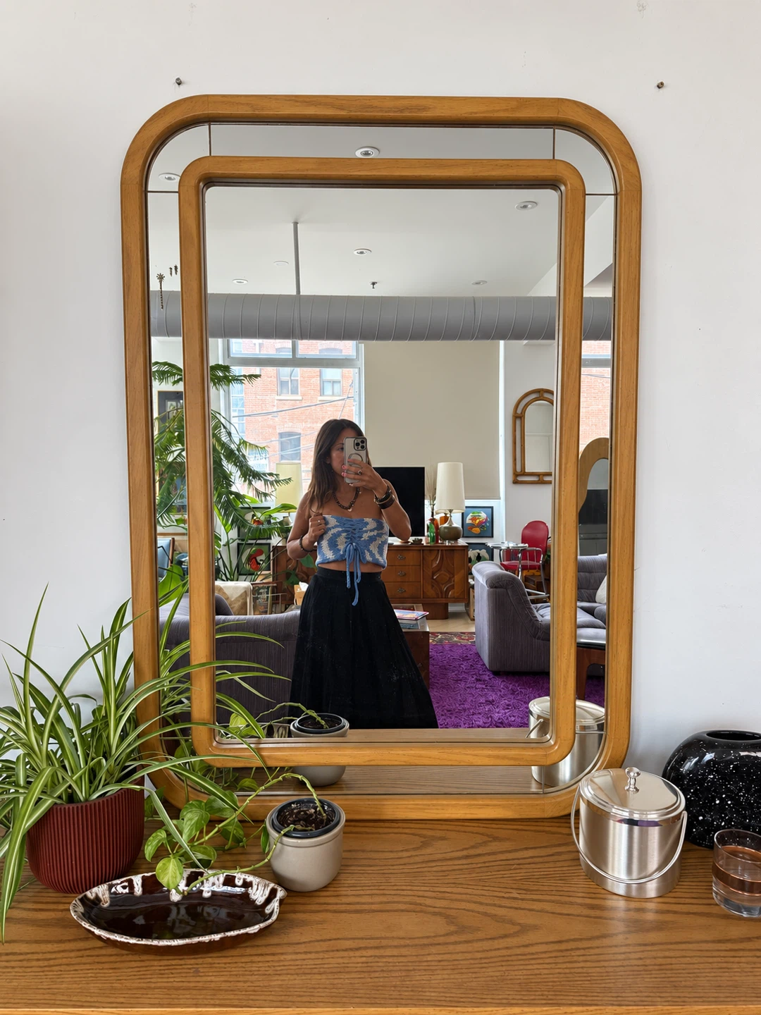 Vintage 1980s Postmodern Curved Oak Statement Mirror - photo 5