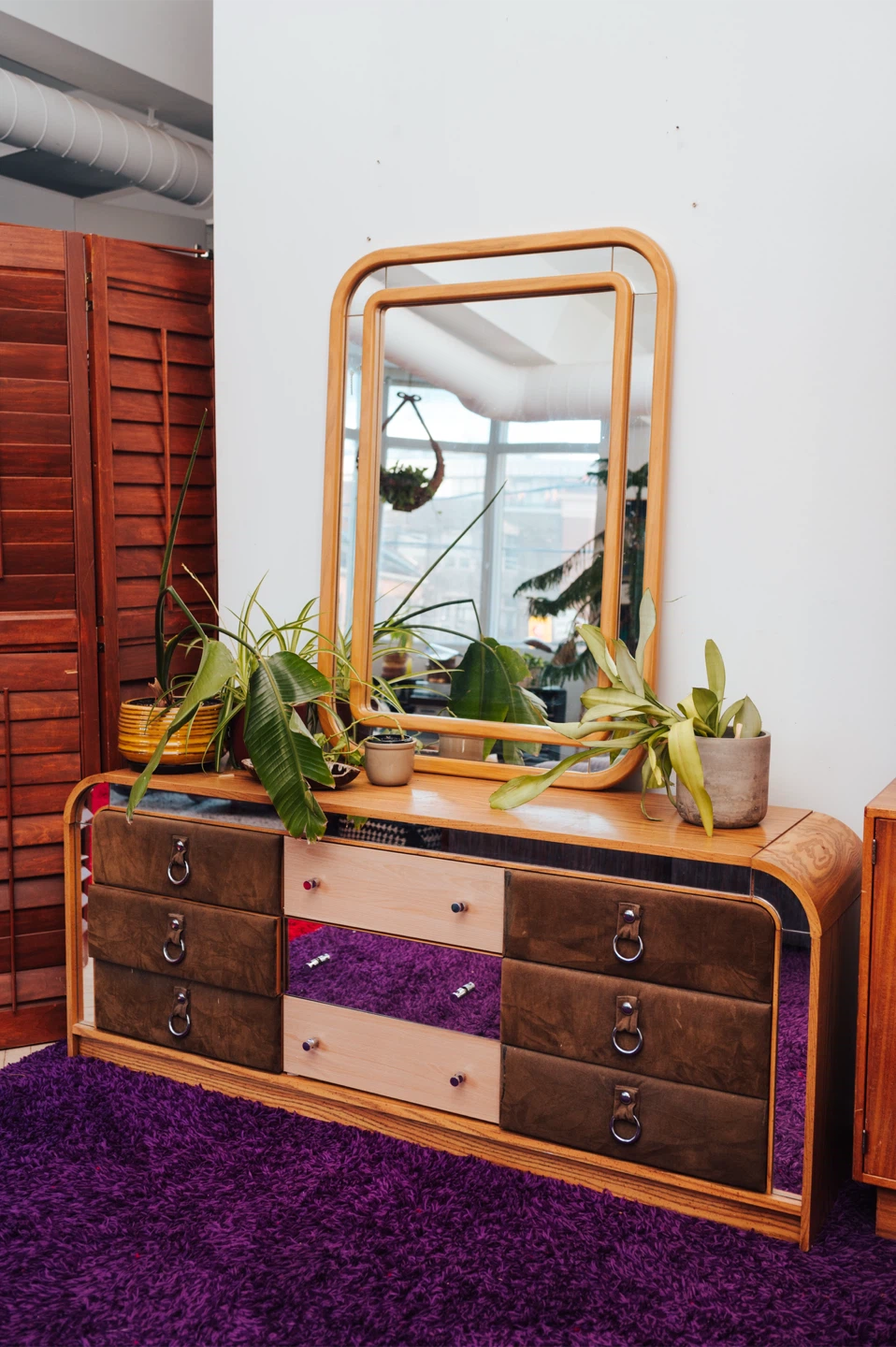 Vintage Postmodern Oak, Suede + Mirrored Arched Dresser