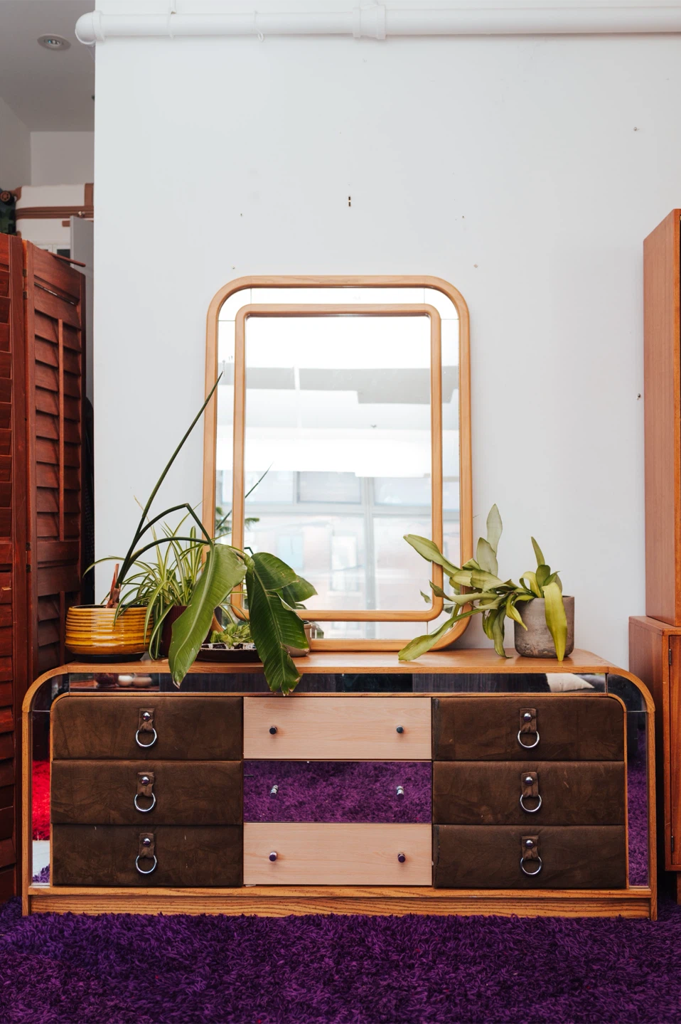 Vintage Postmodern Oak, Suede + Mirrored Arched Dresser - photo 2