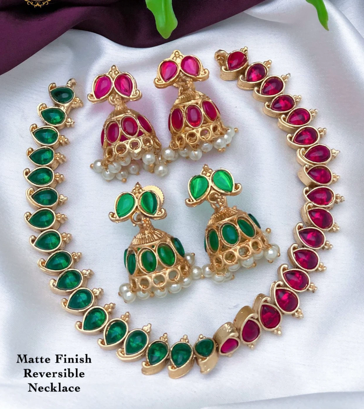 Matte Finish Reversible Necklace and Jhumka Set