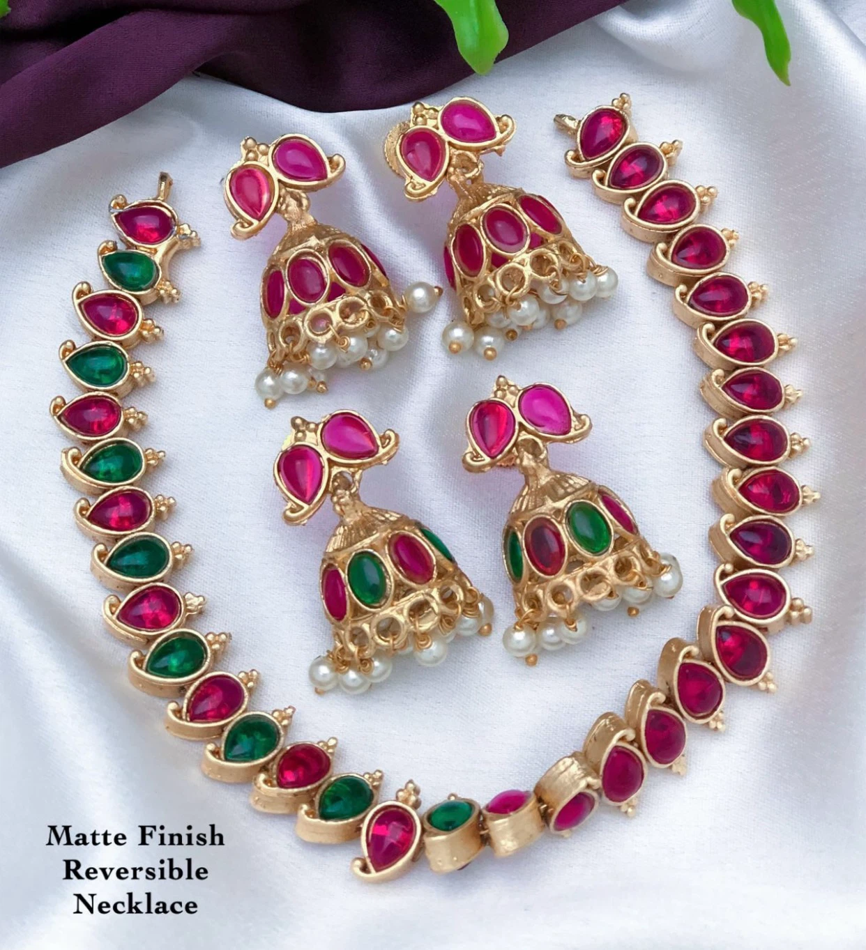 Matte Finish Reversible Necklace and Jhumka Set - photo 2