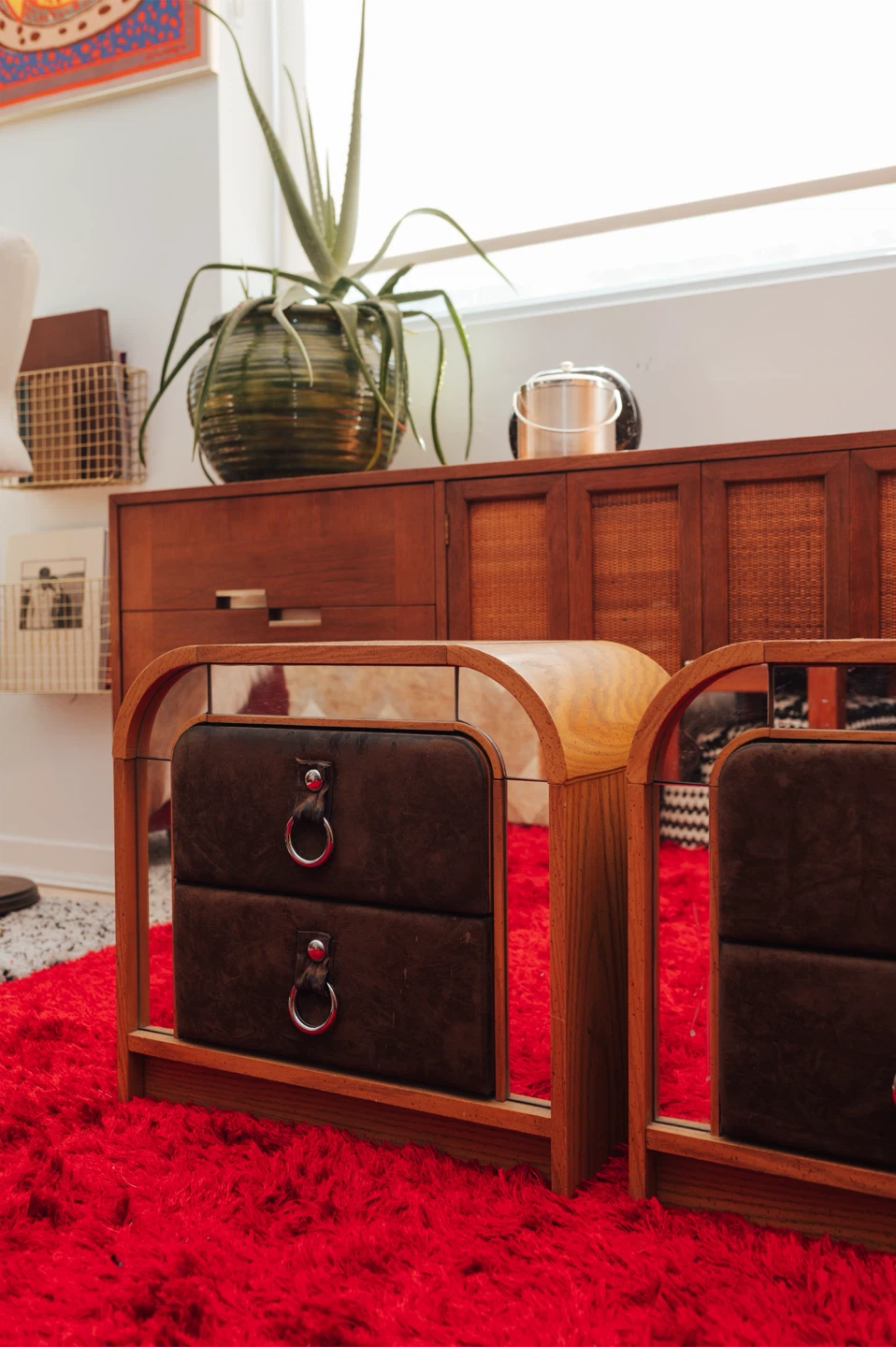 Vintage Postmodern Mirrored + Suede Arched Nightstands