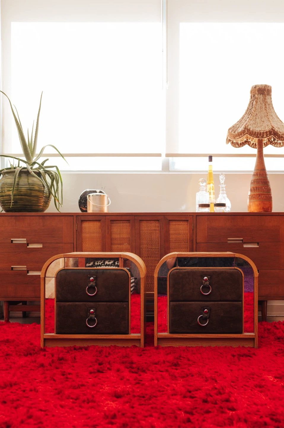 Vintage Postmodern Mirrored + Suede Arched Nightstands - photo 2