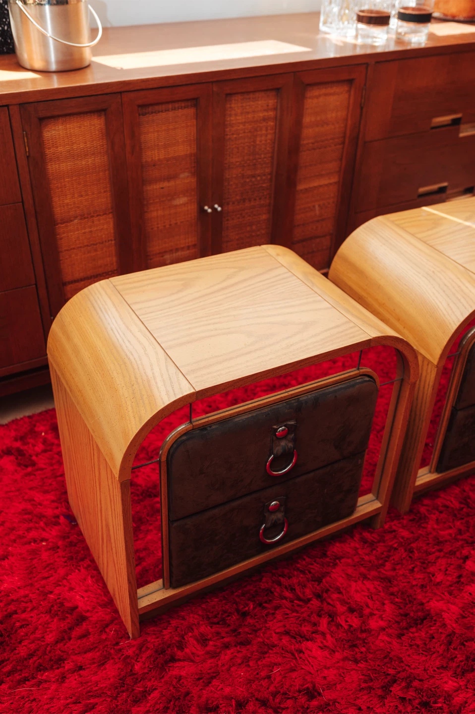 Vintage Postmodern Mirrored + Suede Arched Nightstands - photo 3