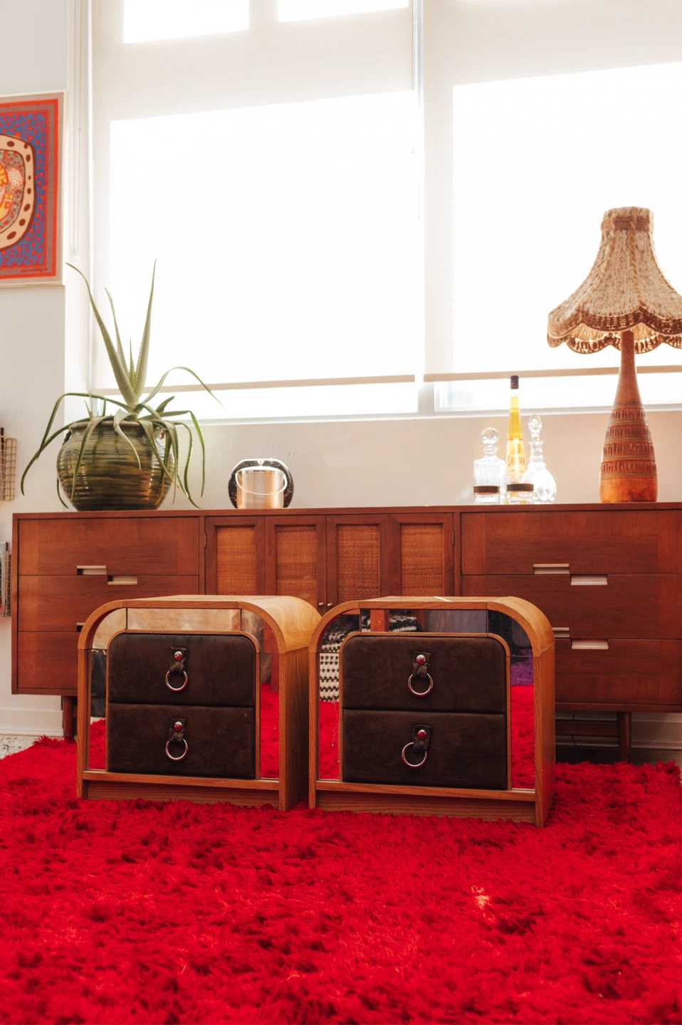 Vintage Postmodern Mirrored + Suede Arched Nightstands - photo 4